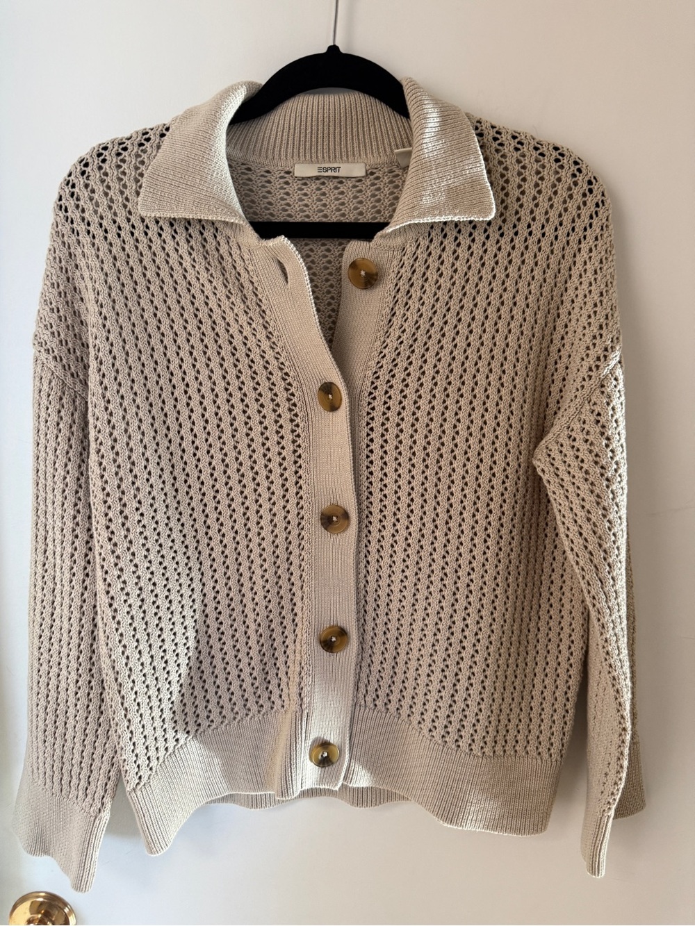 Esprit XL Beige Open Knit Cotton Cardigan Collared Button Front Coastal
